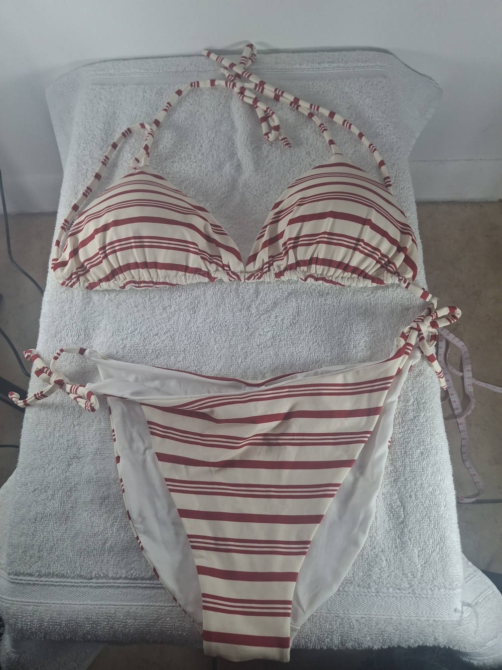 Striped Cream & Red Tie-Side Bikini Top and Bottom Set
